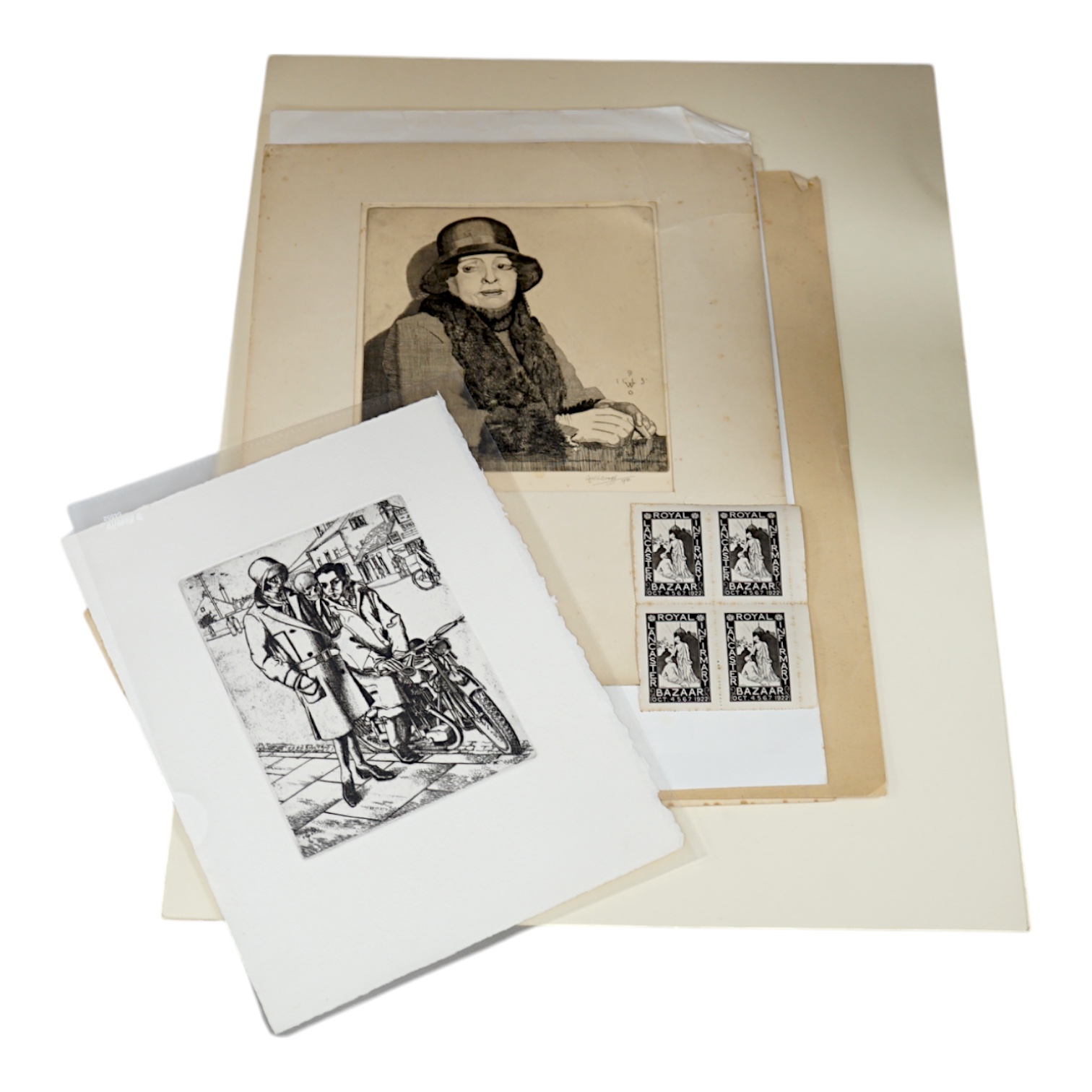 Carl Wragg (Exh. 1936-1937), a folio of assorted etchings and drawings, including macabre death on a motorbike etching, preparatory drawing and copper plate. Condition - fair